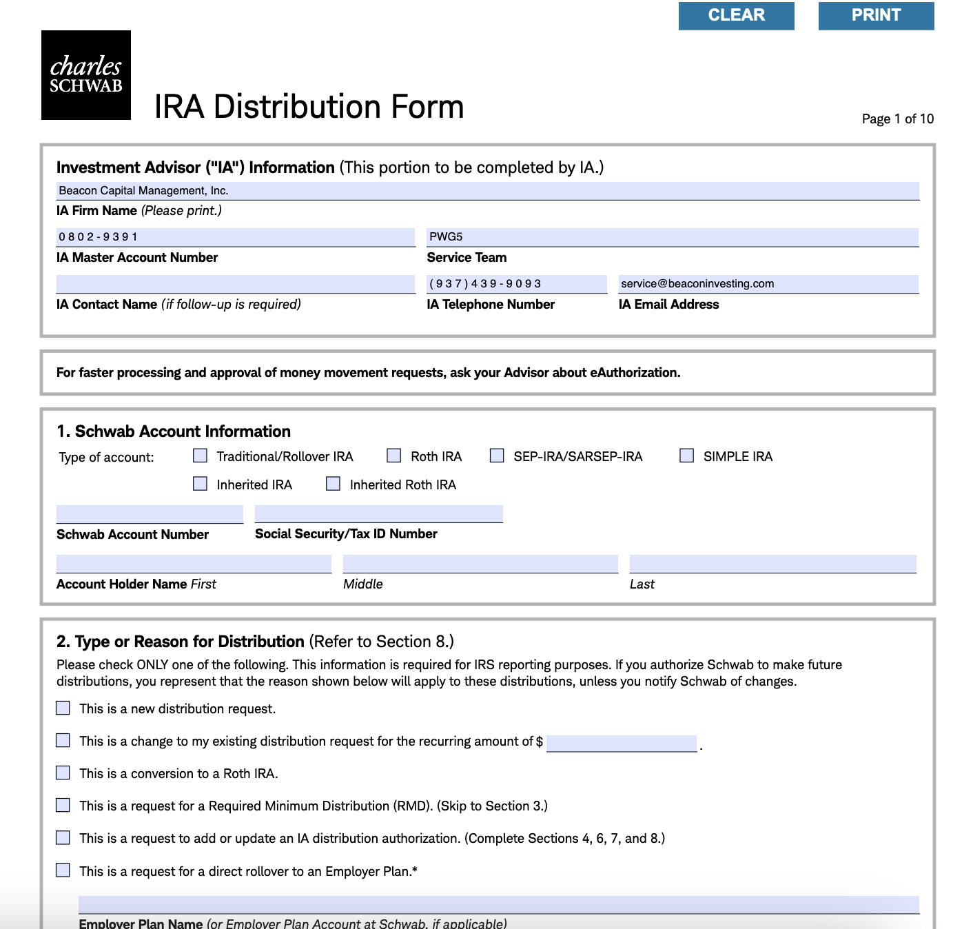 IRA Distribution Form - Beacon Capital Management