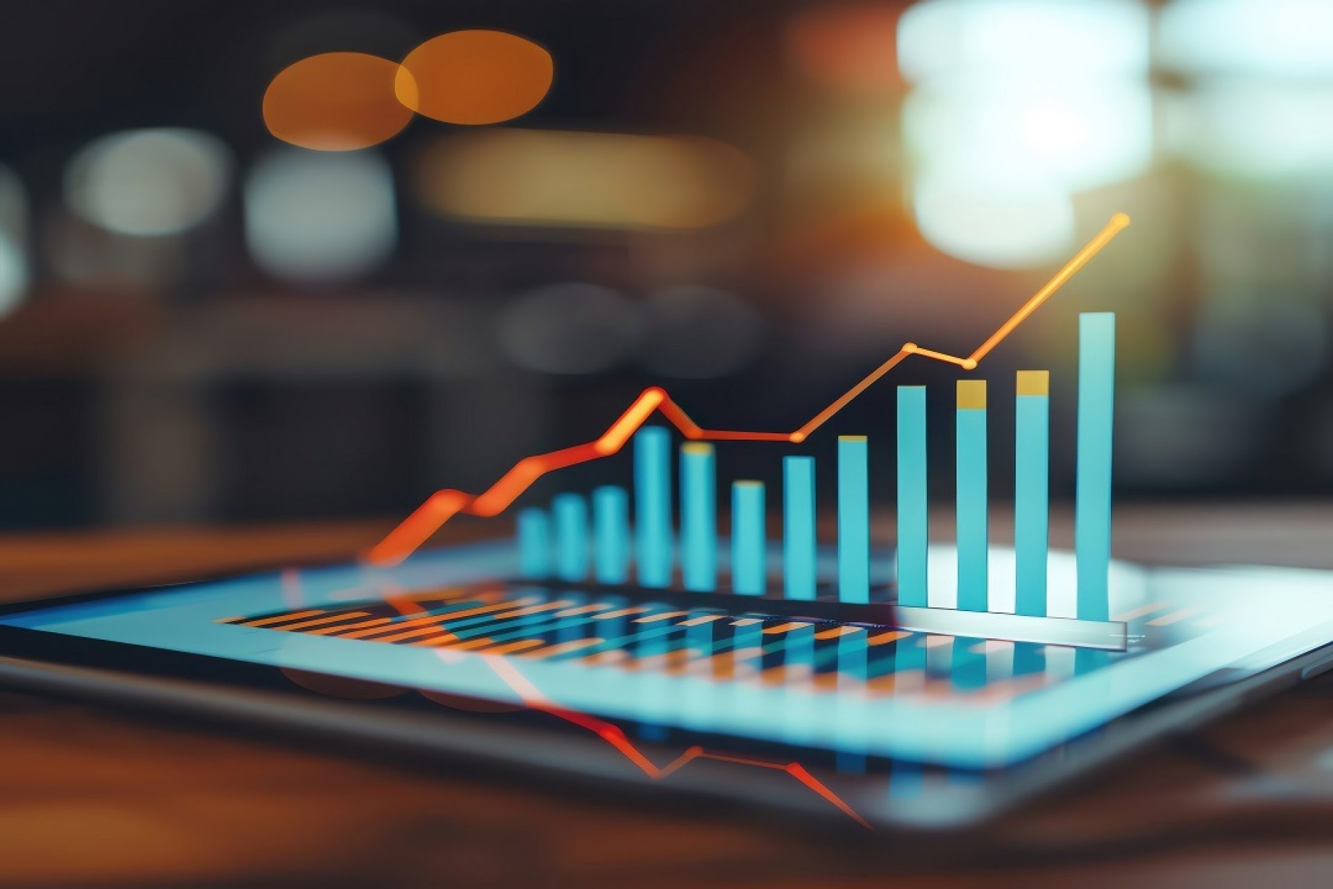 A digital tablet displaying a rising bar graph, symbolizing growth and success in business and finance concepts.